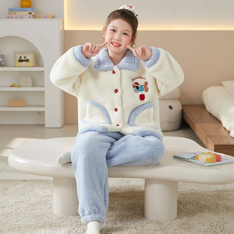 YUZHAOLIN/俞兆林洋气简约风女童秋冬季长袖长裤珊瑚绒睡衣两件套
