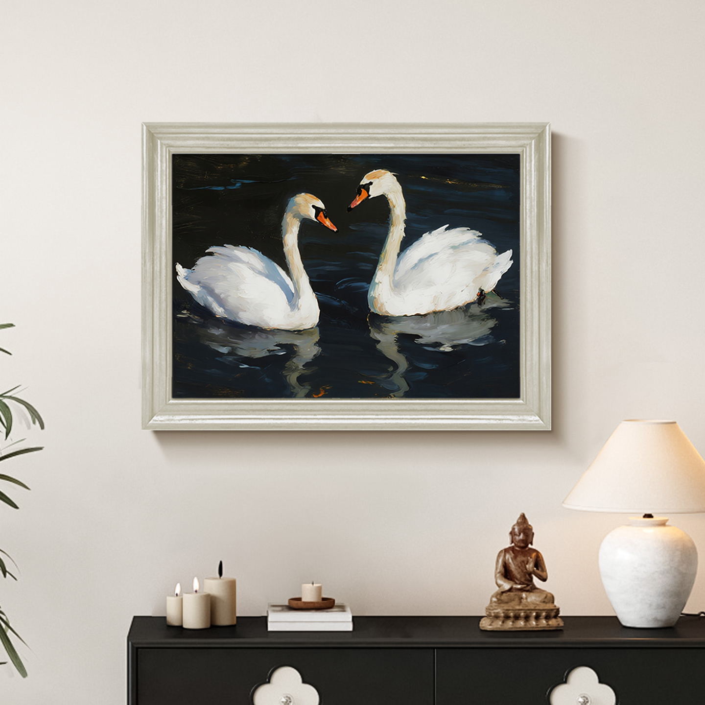 【鹅舞织波】原创手绘油画法式美式天鹅动物餐厅客厅背景卧室床头画