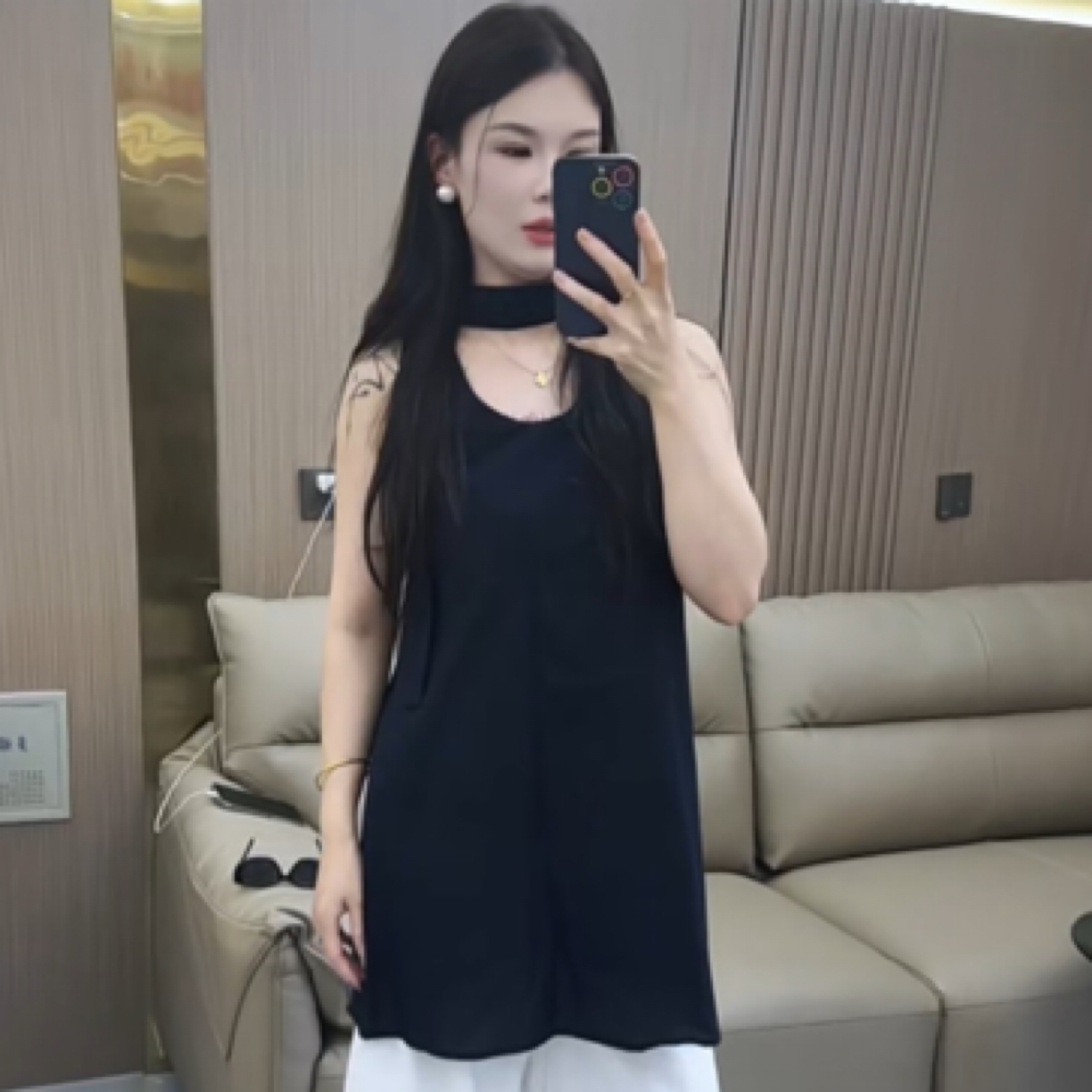 夏季新款麻料飘带圆领A字中长款无袖娃娃衫女