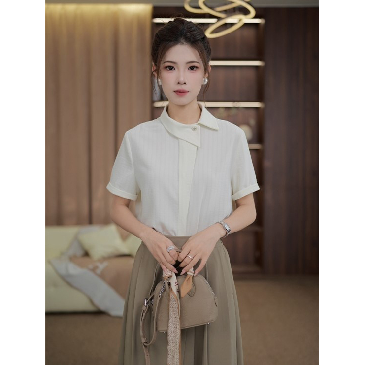 TITI定制【淡定独行】轻奢气质条纹短袖衬衫宽松显瘦上衣TL3903537