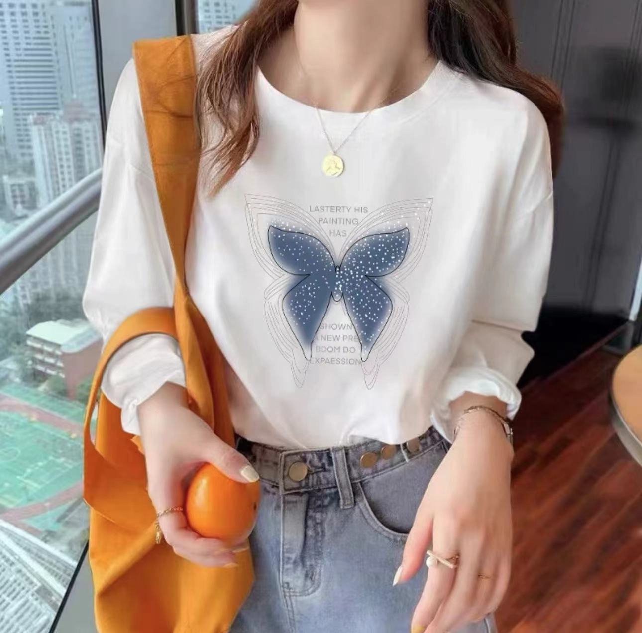 春秋长袖秋衣休闲透气上衣男女同款圆领印花T恤 蓝蝶