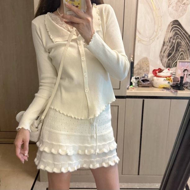 毛小兔高腰显瘦木耳边针织短裙女韩系设计感防走光a字半身裙