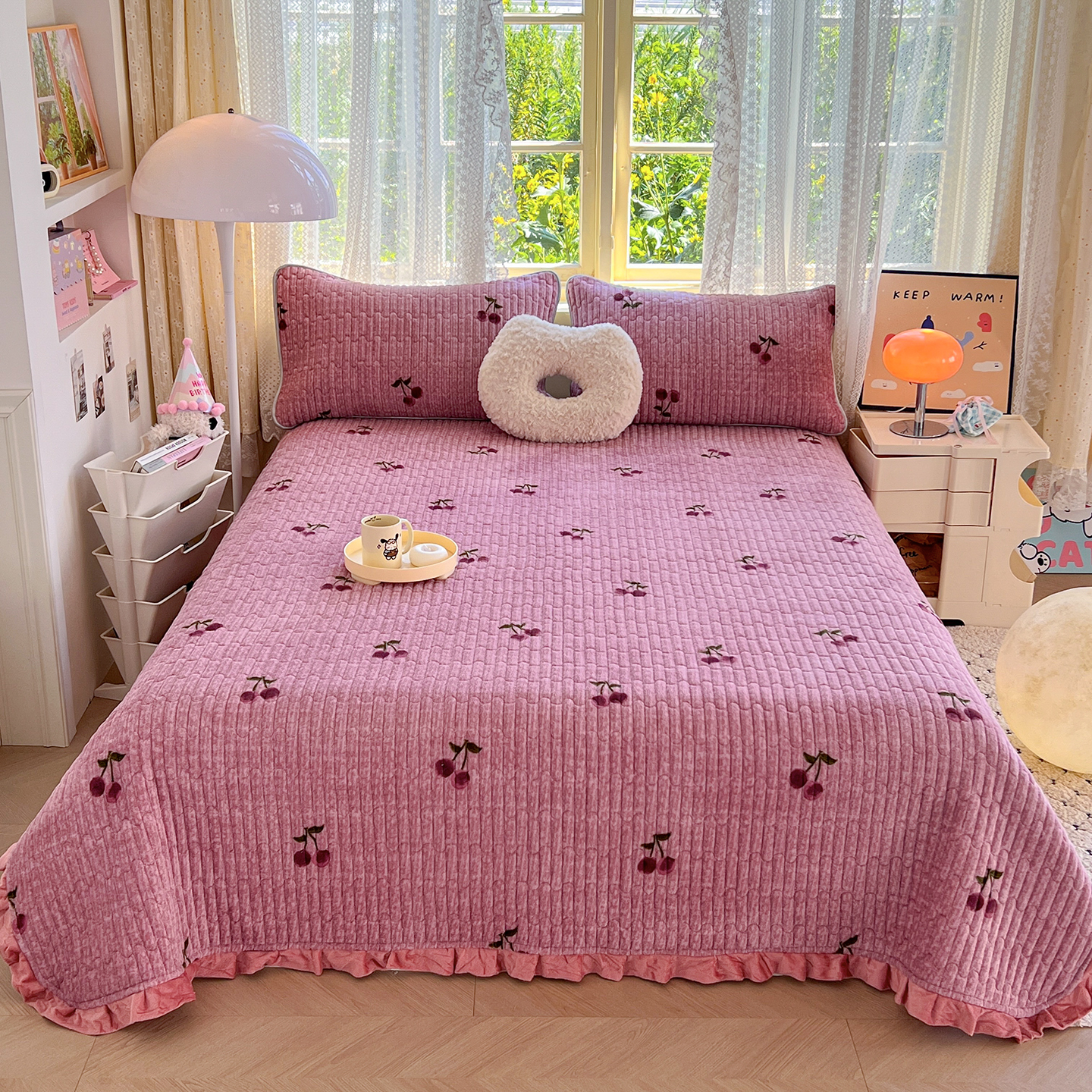 榻榻米绗缝韩版木耳边家用宿舍秋冬加绒夹棉床盖炕盖加厚防滑