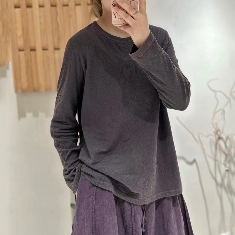 紫牧秋季新款双层棉圆领长袖T恤女弹力打底上衣（胸围110 长61