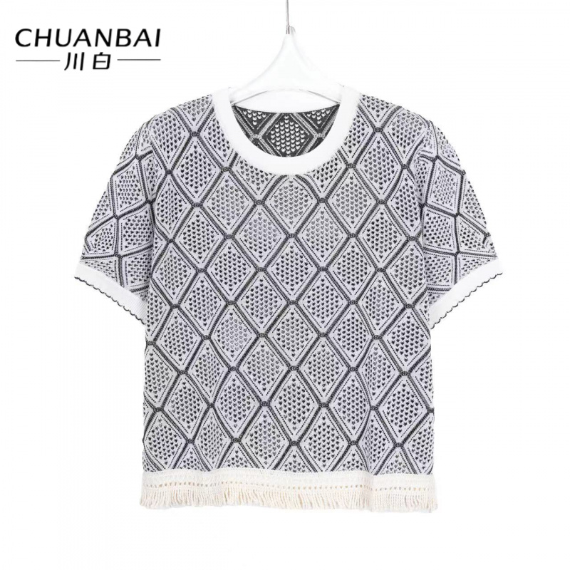 CHUANBAI 川白夏季新款亚麻复古时尚流苏短袖百搭休闲针织衫