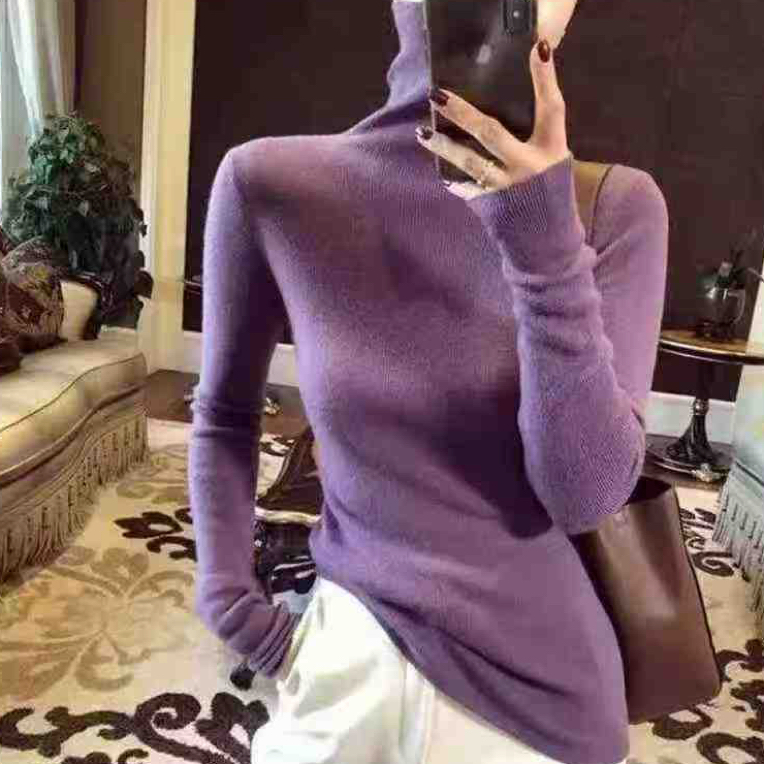 秋冬堆堆领软糯针织打底衫针织衫女内搭加厚紫色修身高领毛衣上衣