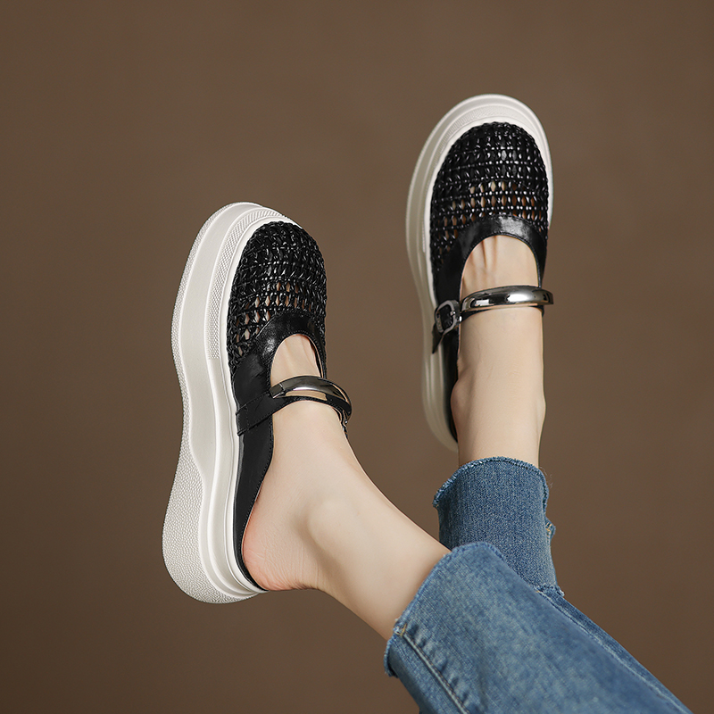 羊皮/6cm/网红时尚平底百搭夏季凉鞋女包头拖洞洞鞋增高透气厚底