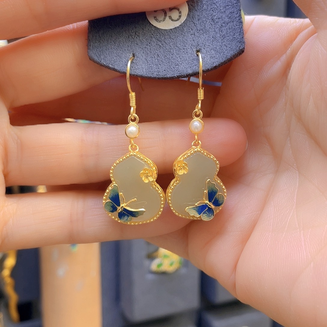 和田玉耳饰银S925镀金镶嵌