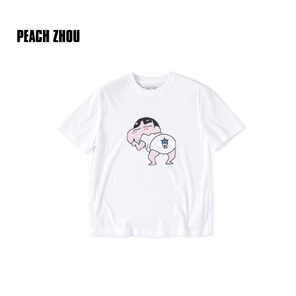 PEACHZHOU 强捻纸片蜡笔小新卡通印花正肩宽松圆领短袖小版型T恤