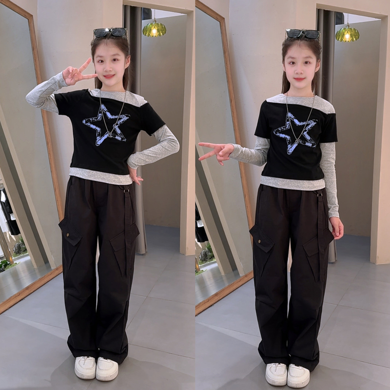 儿童春秋女童休闲风套头休闲长袖工装裤秋季运动工装风套装网红
