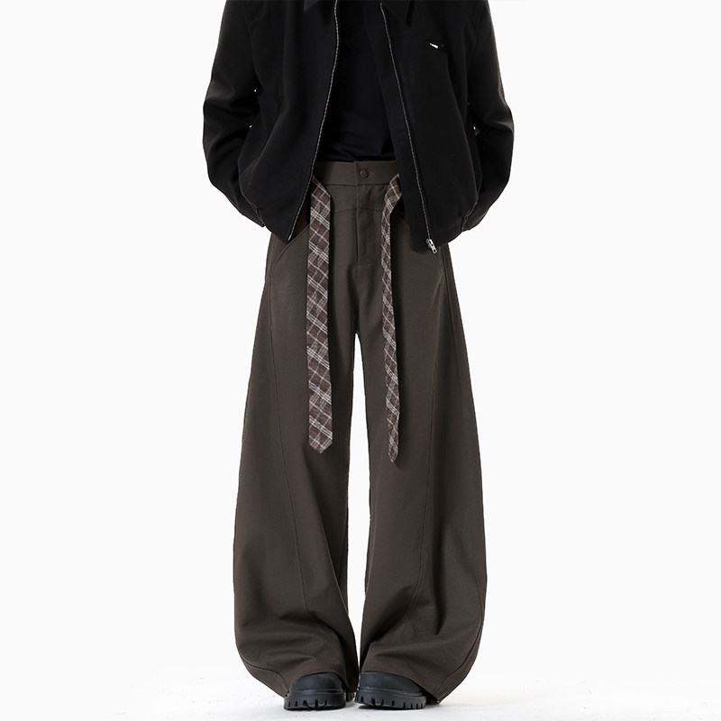 老钱风复古加绒格纹腰带弯刀西裤男女秋季高级感加厚阔腿休闲裤子