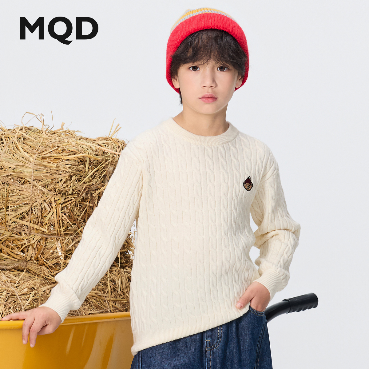 MQD男童25冬新款经典简约麻花毛衣老钱风半高领针织衫9654W07C8