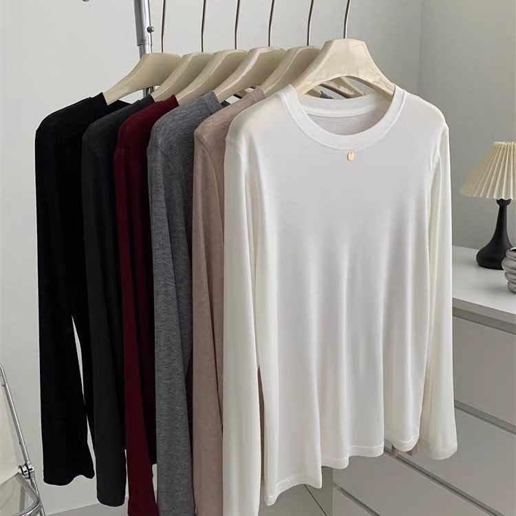 秋冬新款莱赛尔天丝羊毛圆领长袖T恤新款基础百搭纯色针织打底衫
