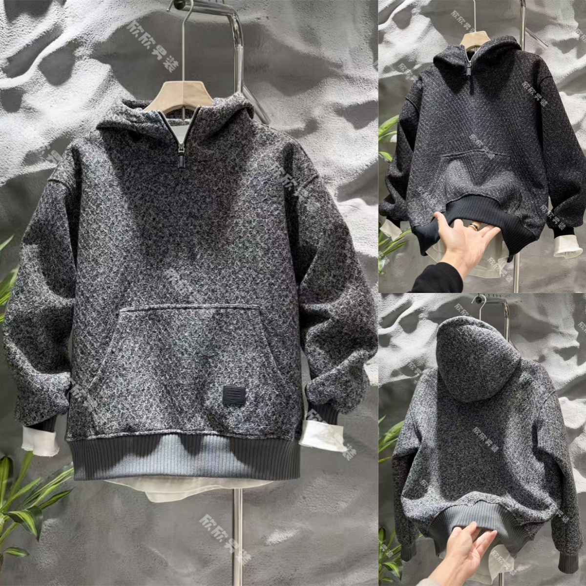 潮牌设计师风加绒连帽套头痞帅男士上衣