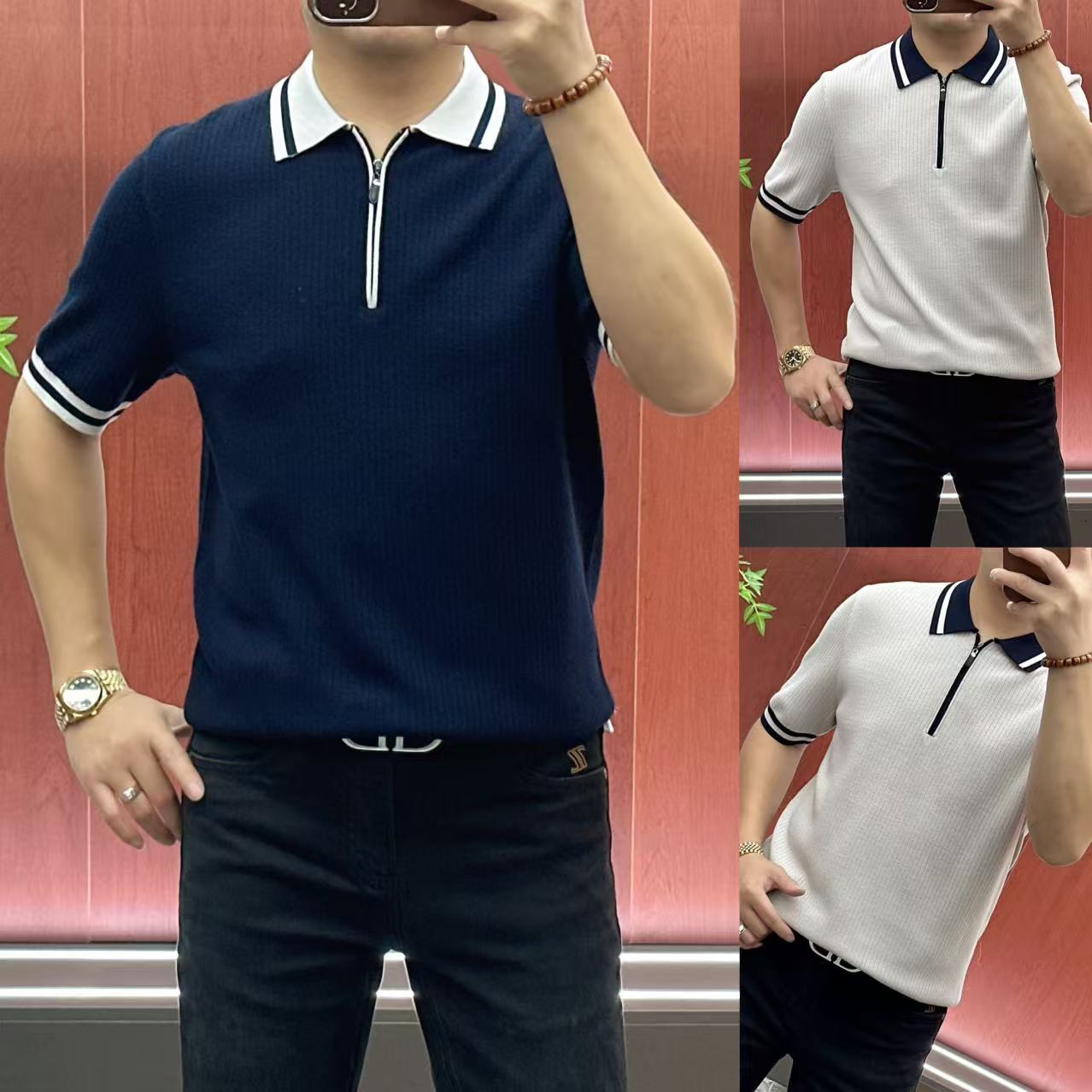 79123简约轻奢•高织高密高弹桑蚕丝撞色领针织短袖polo衫•费
