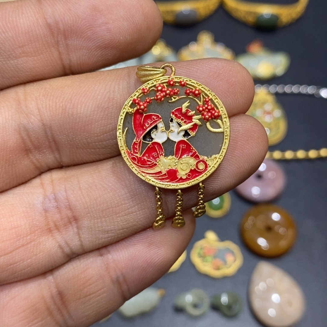 和田玉颈饰银S925镀金镶嵌