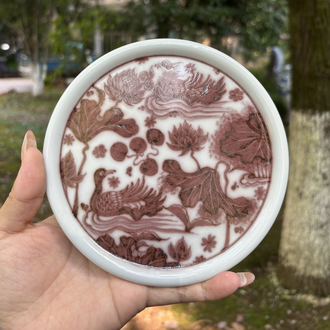 幽蓝溪堂 景德镇陶瓷手工手绘大业 釉里红鸳鸯杯垫
