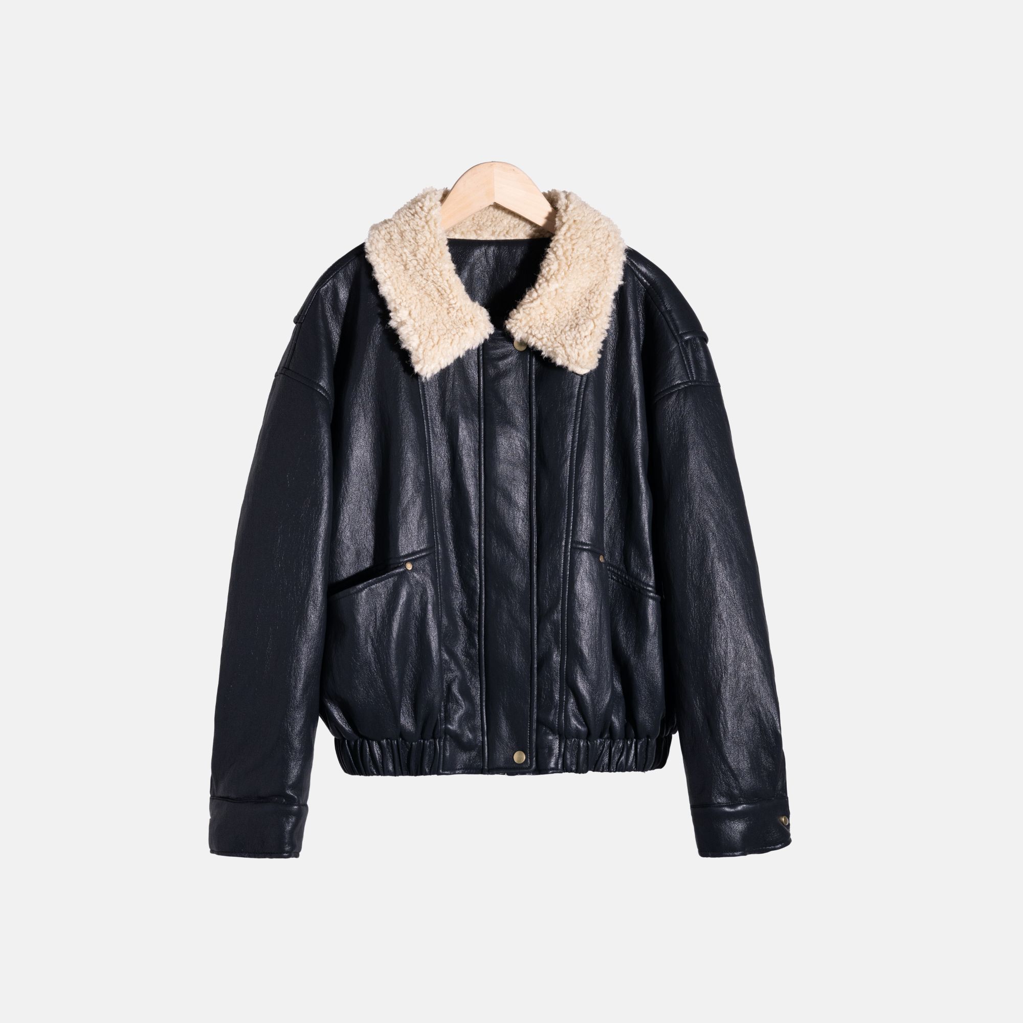 【天邑严选】复古港洗撞色毛领皮衣外套短款女装休闲女款12305