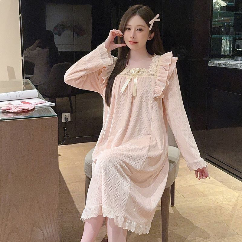 高颜值休闲秋冬季海岛绒纯色公主风过膝中长款保暖睡裙女家居服潮