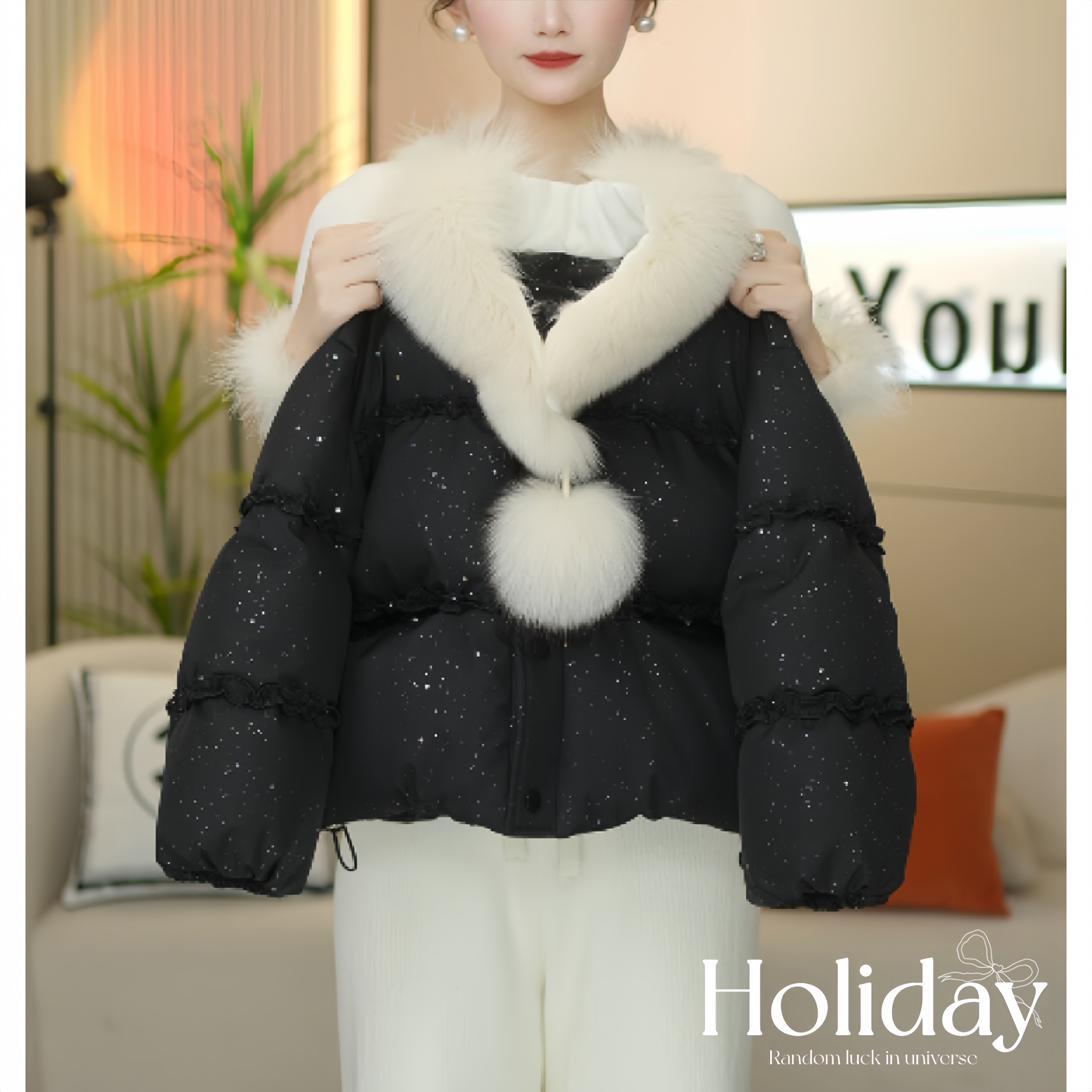 女童2025冬季新款韩版洋气花边保暖时尚黑色棉衣棉服-0280