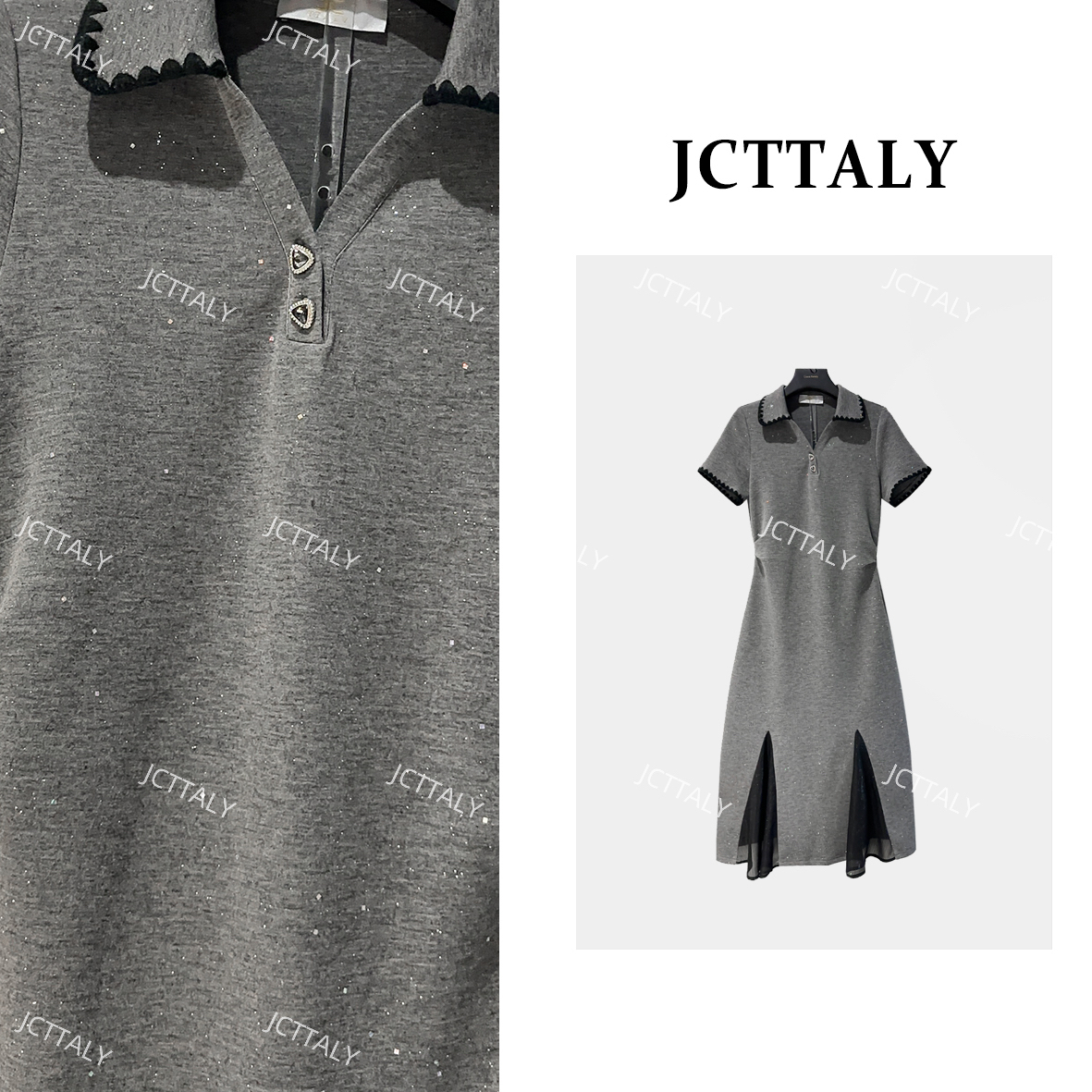 【茶茶】极简风休闲POLO领灰黑拼接25夏季新款连衣裙女JC-A3753