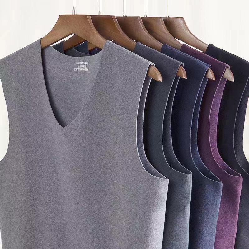 秋冬德绒无痕加绒背心男款打底内衣领修身弹性保暖大码背心男士