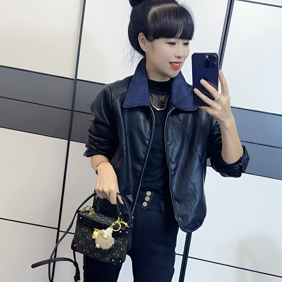 2025复古港风拼接短款加棉厚款皮衣显瘦百搭