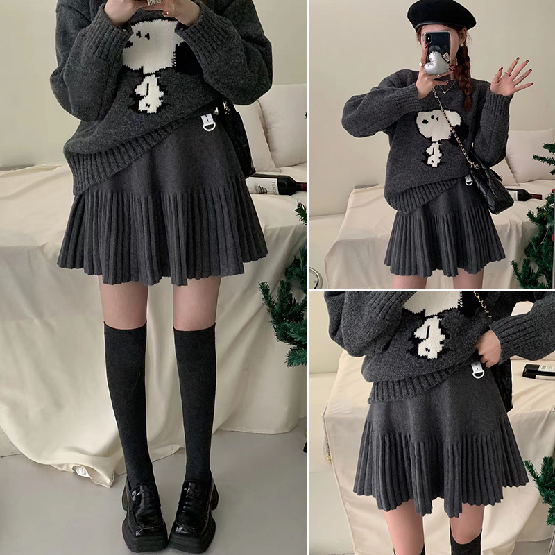 孕妇装秋冬新款针织毛线半身裙休闲显瘦百褶A字短【包芯纱面料】