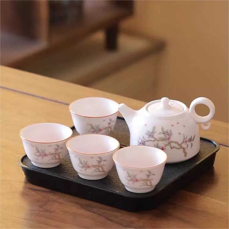 粉桃花一茶壶加四个杯加储水茶盘六件套家用简约中式陶瓷便携