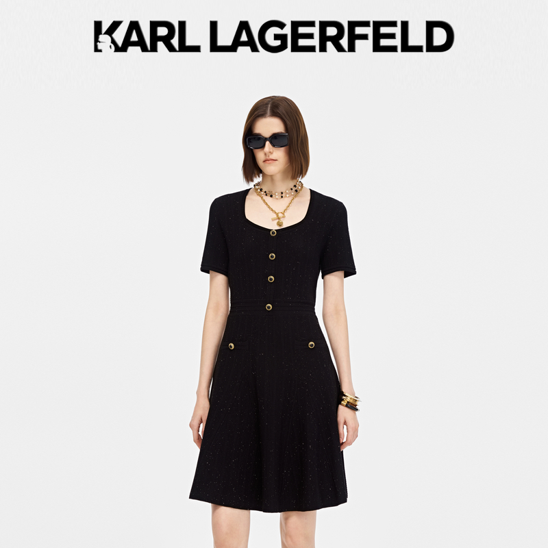KARLLAGER卡尔拉格斐短袖亮片坑条连衣裙黑色P21E1349