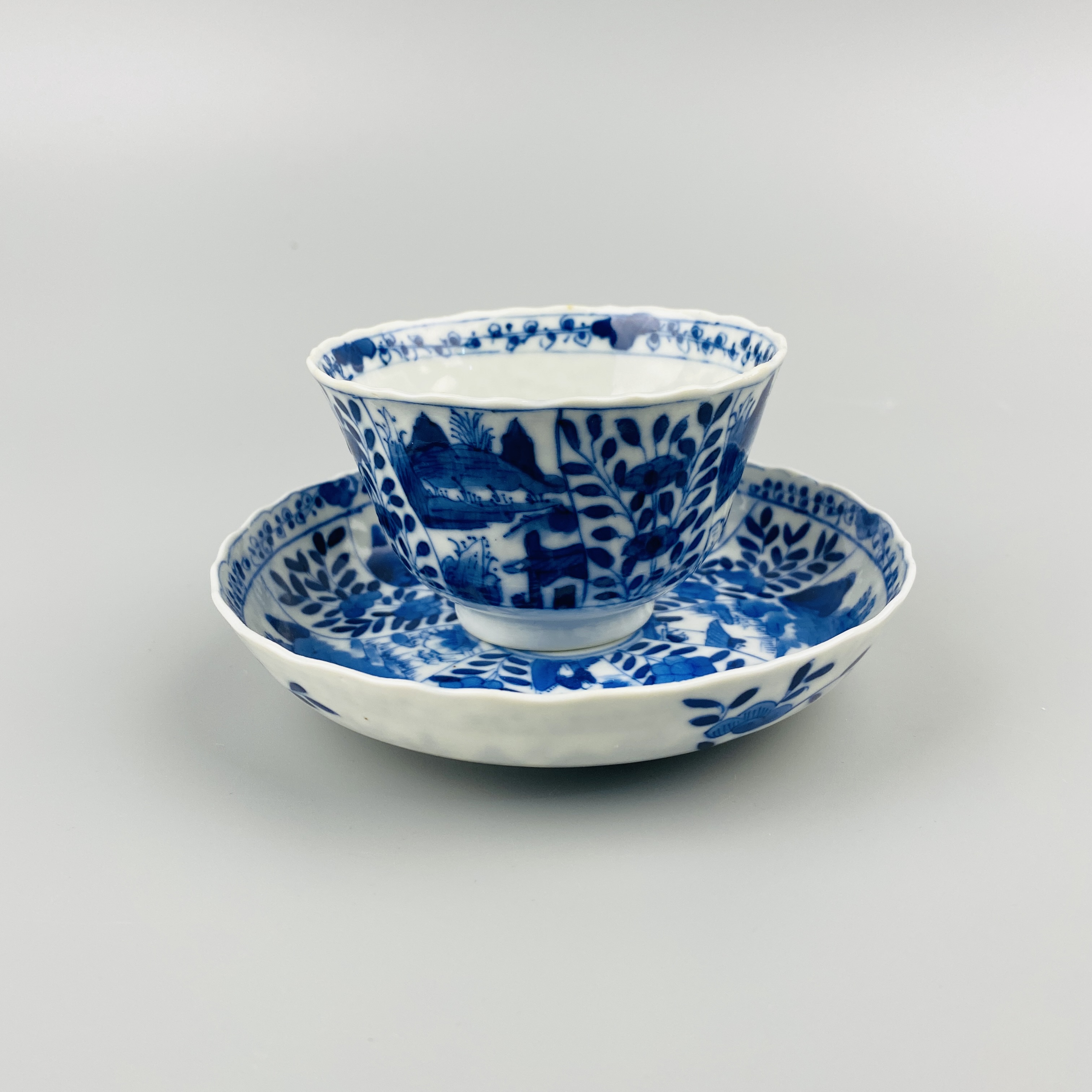 清晚期青花开光山水纹杯碟一套【古董拍卖】C124C11214030