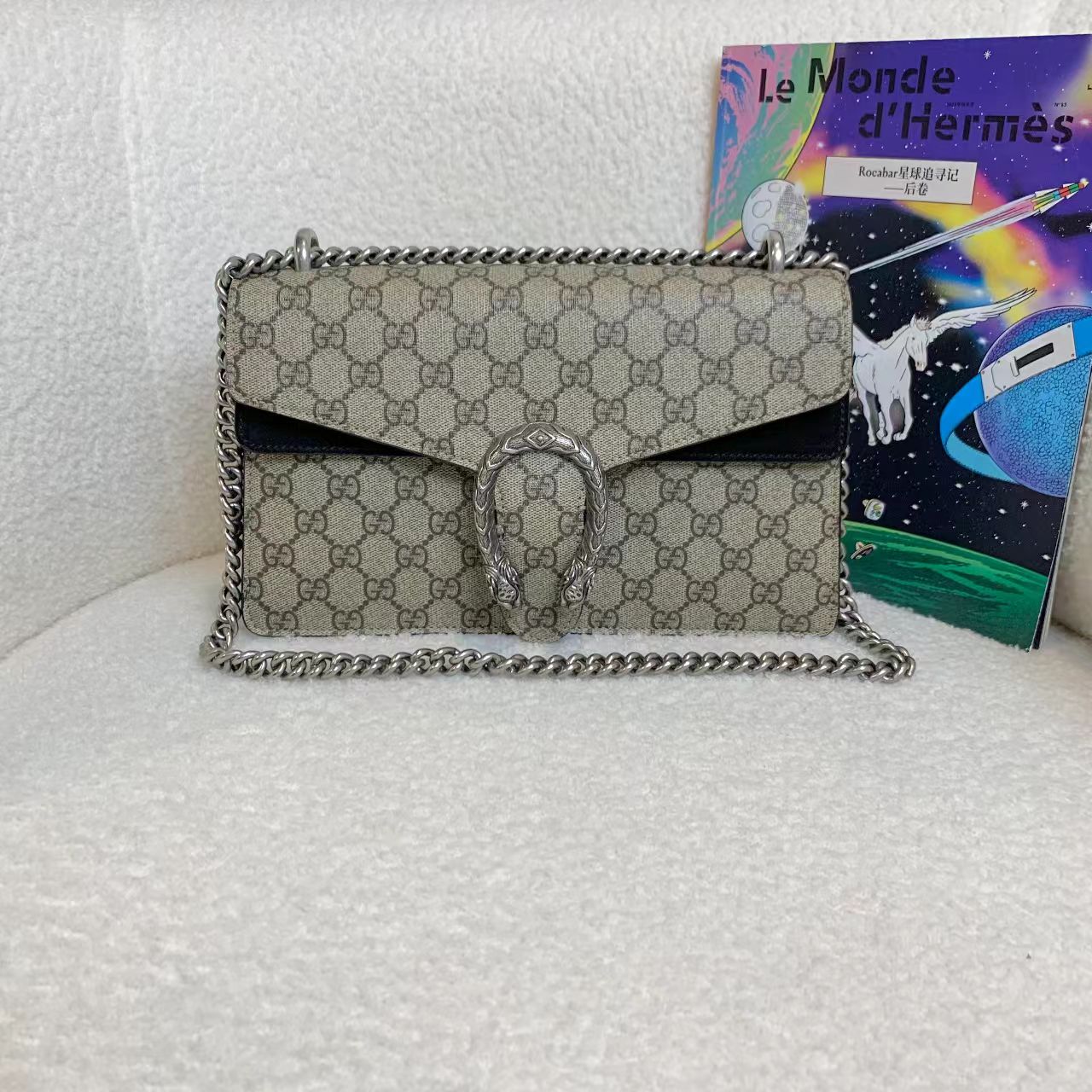 99新 GUCCI/古驰  壹臻/ 老花拼黑酒神中号单肩包69801911