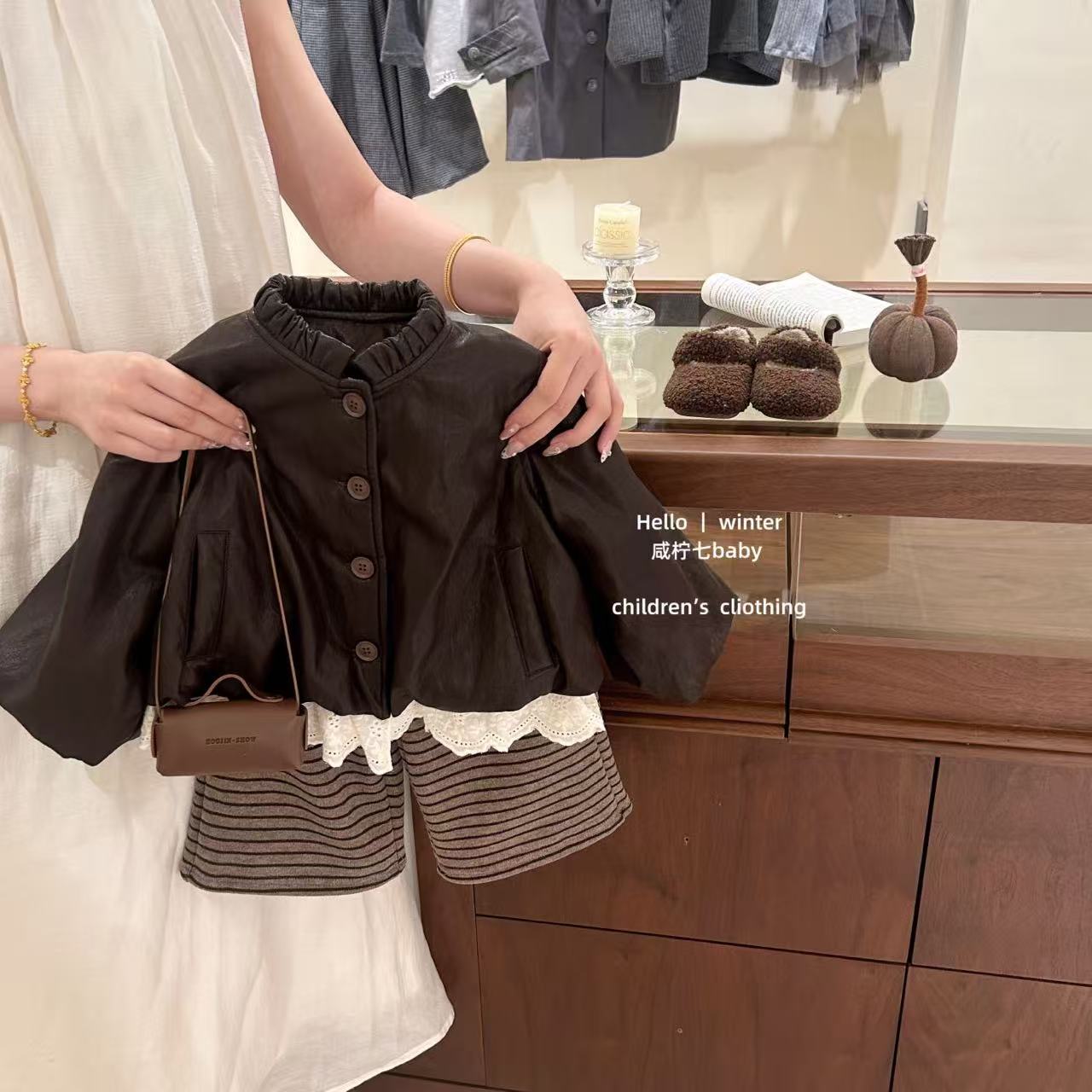 【咸柠七】原创设计秋冬女童蕾丝拼接加绒皮衣韩版洋气皮外套