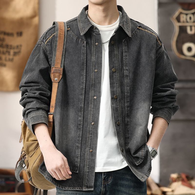 轻奢高级感牛仔外套男士春秋季复古水洗衬衫衣服男新款宽松夹克潮