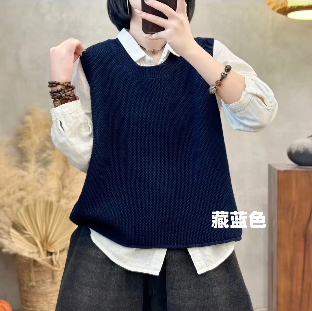 时尚圆领棉线针织马甲背心春秋冬新款宽松百搭女式毛衣坎肩短外搭