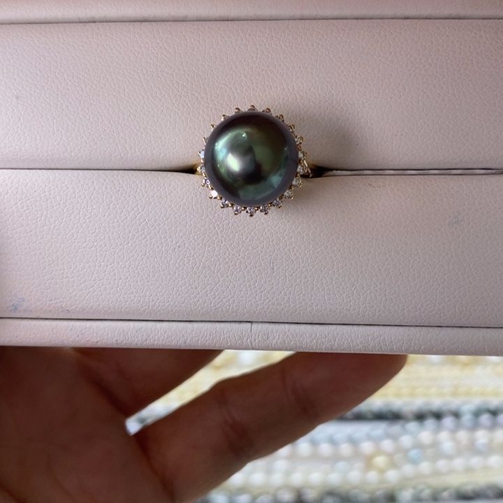 海水珍珠戒指18K金镶嵌大溪地孔雀绿12-13m m