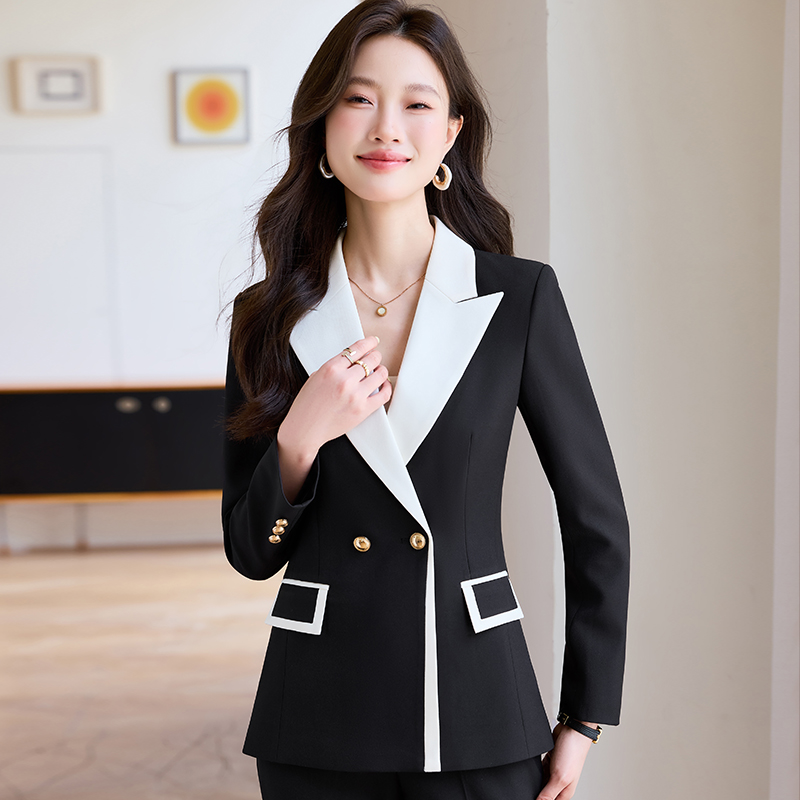 2025年春秋新款韩版修身显瘦中长款百搭时尚休闲撞色西装外套女