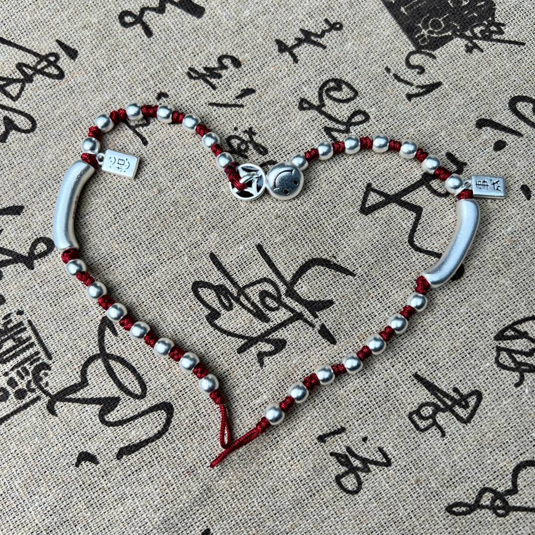 足银手链 好运goodluck笑脸红绳时尚百搭好看