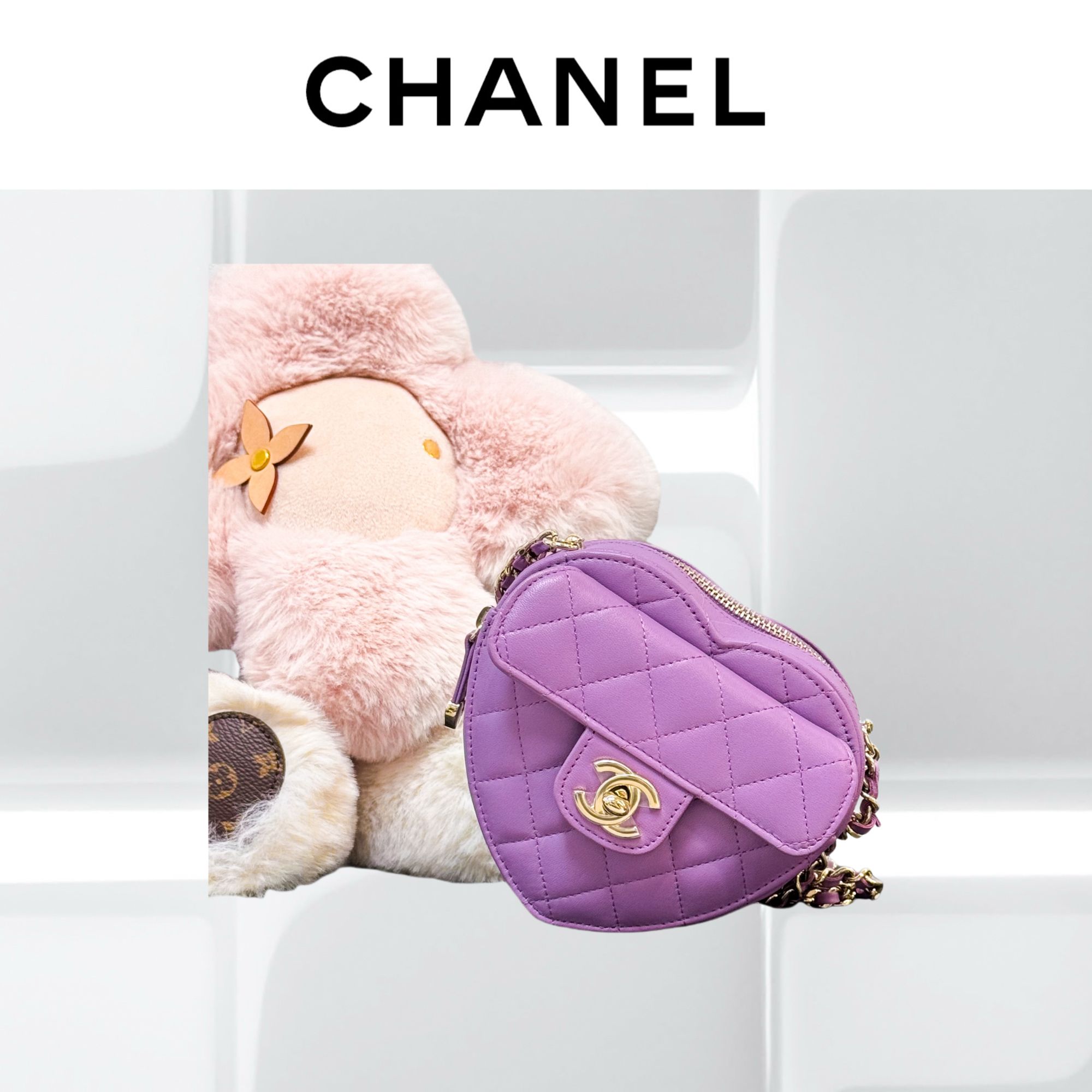 99新 Chanel/香奈儿 22S 紫色 金扣 菱格纹 爱心 链条包