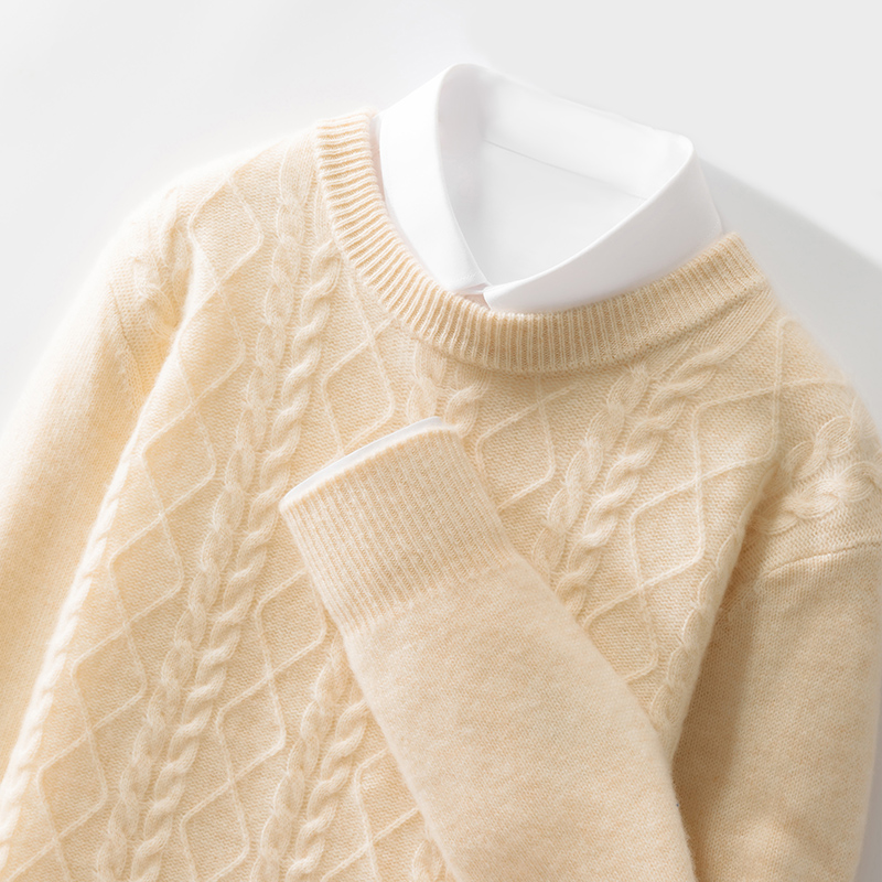 七针加厚绞花款~秋冬新款100澳洲羊毛男圆领提花宽松休闲打底衫