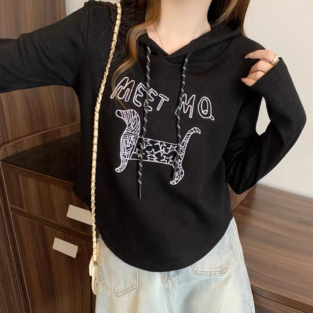 女春秋白色连帽卫衣时尚秋冬上衣加厚印花长袖连帽