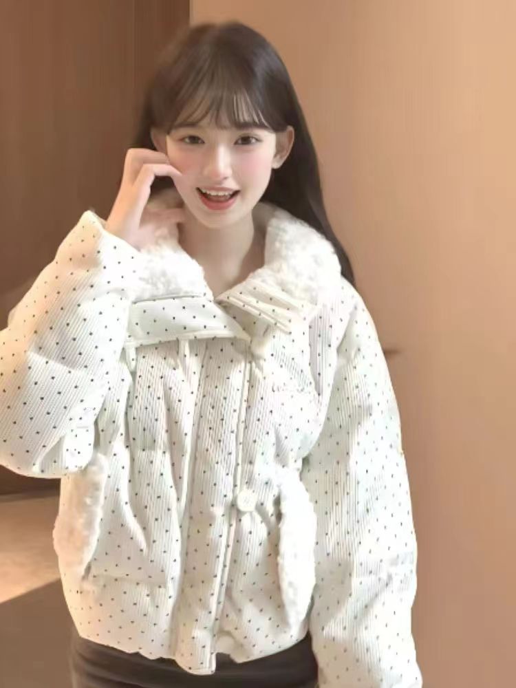 韩系甜美学院小个子白色波点加厚棉服冬季宽松时尚翻领保暖面包服
