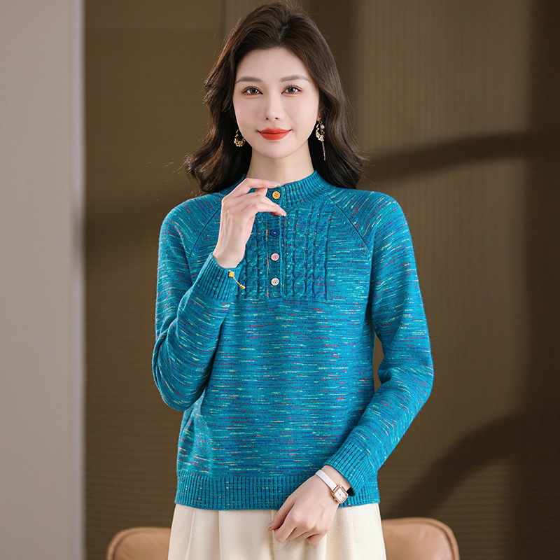 冬季新款花纱彩扣套头时尚宽松显瘦针织衫YB3308