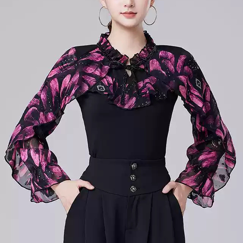 广场舞新款洋气拉丁舞上衣女长袖现代舞练功服