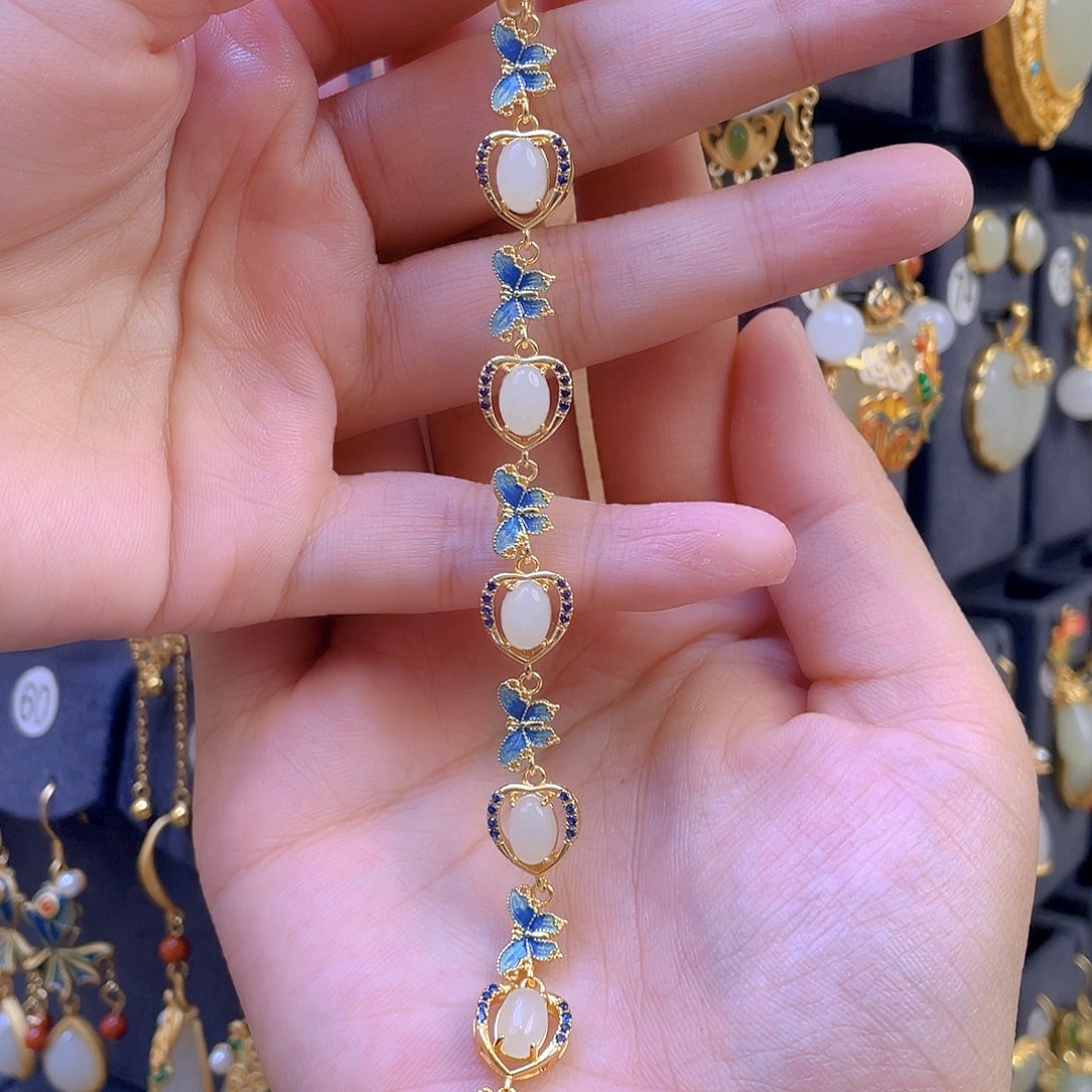 和田玉手链银S925镀金镶嵌