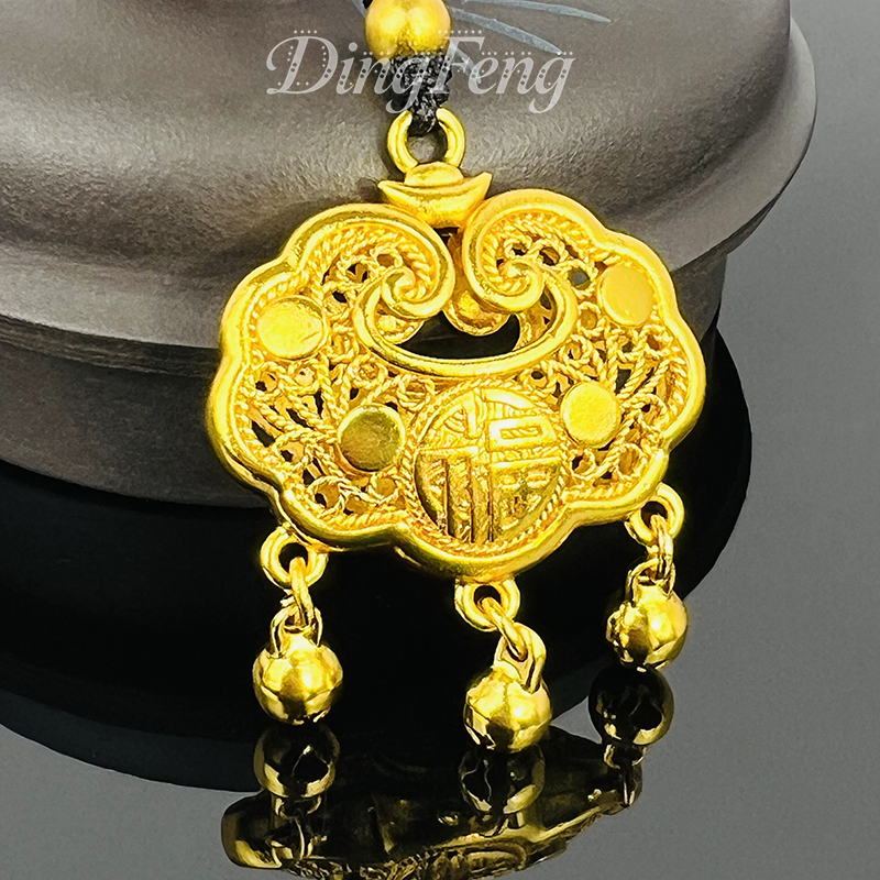 铜合金吊坠 中号镂空福字如意平安锁+黑绳 民族风百福锁珠宝项坠