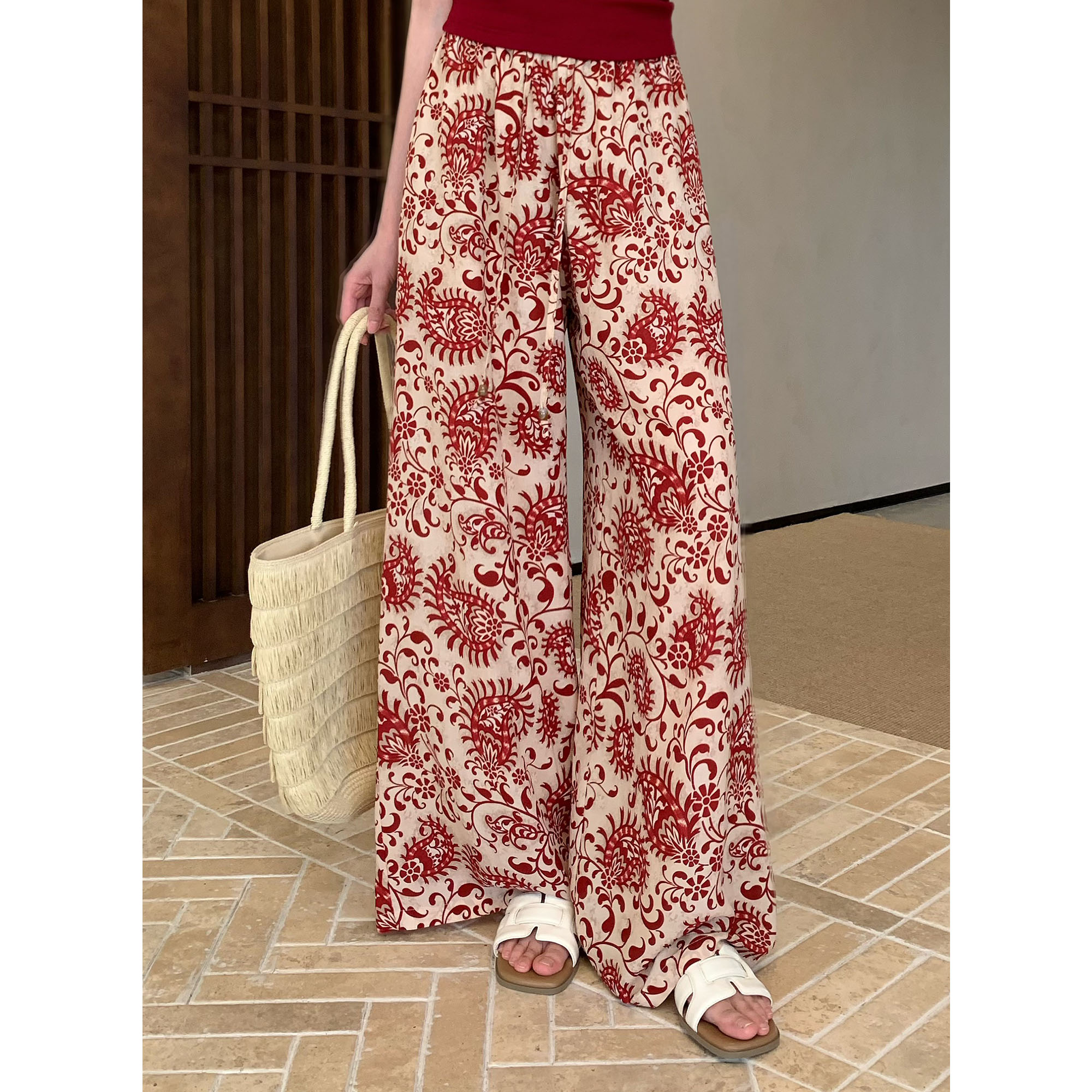 JIJINQI时尚法式复古东南亚风碎花拖地宽松百搭休闲裤JD05KZQM077