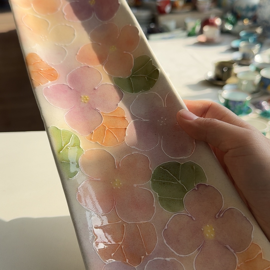 瓷片手绘花朵36.7厘米长盘