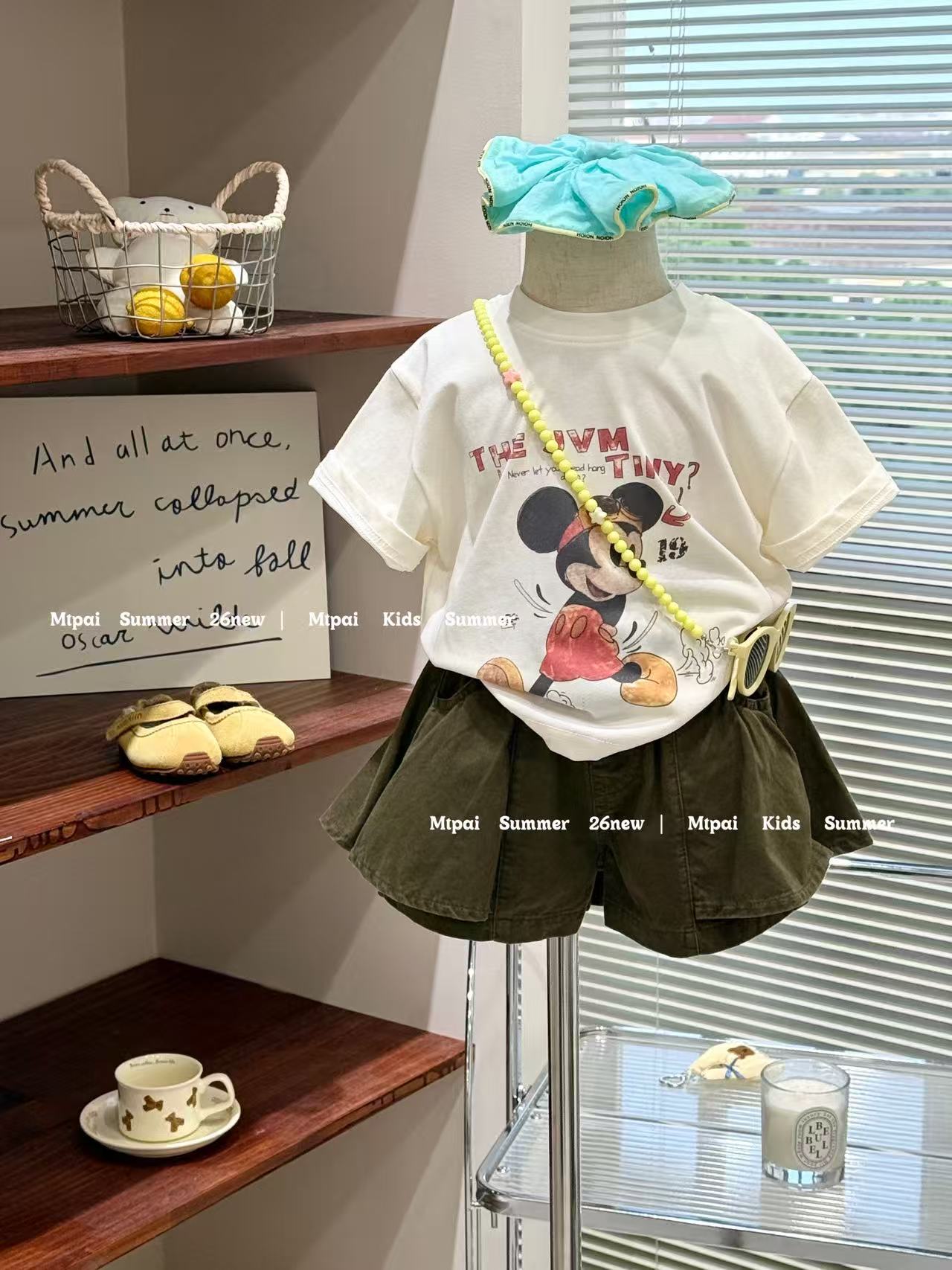 女童夏新款超可爱宽松水印米奇短袖配军绿色短裤裙套装幼儿园穿搭