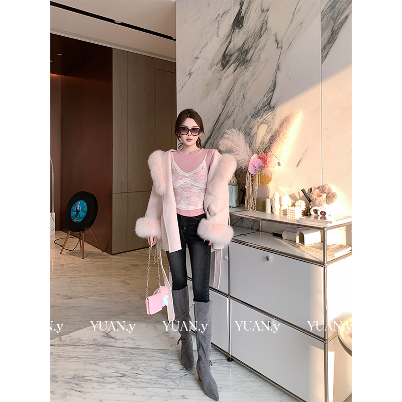 媛媛【爱的信笺】粉色100羊毛高级感大毛领大衣女毛呢外套#DY0174